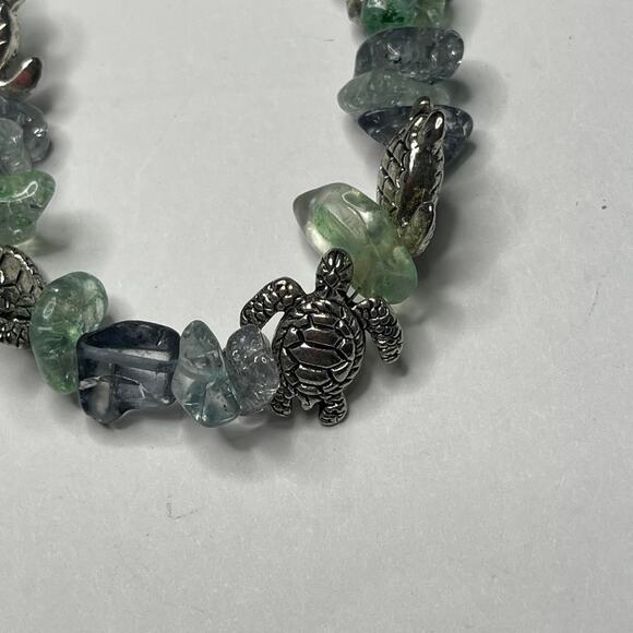 Necklace green teal seaglass look beads beading with silver tone TURTLE jewelry - Picture 3 of 14